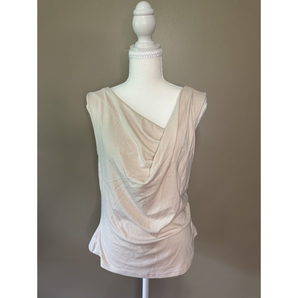 Zessica Women Twist Shoulder Tank Blouse Beige Sleeveless Top Size L